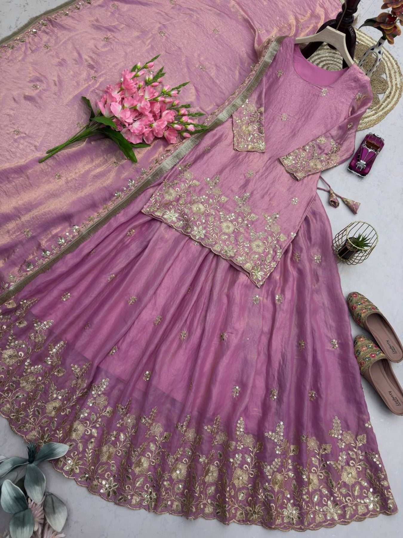 Embroidered Fandy Silk Outfit for Festive Wear Lehenga fabric texture detail