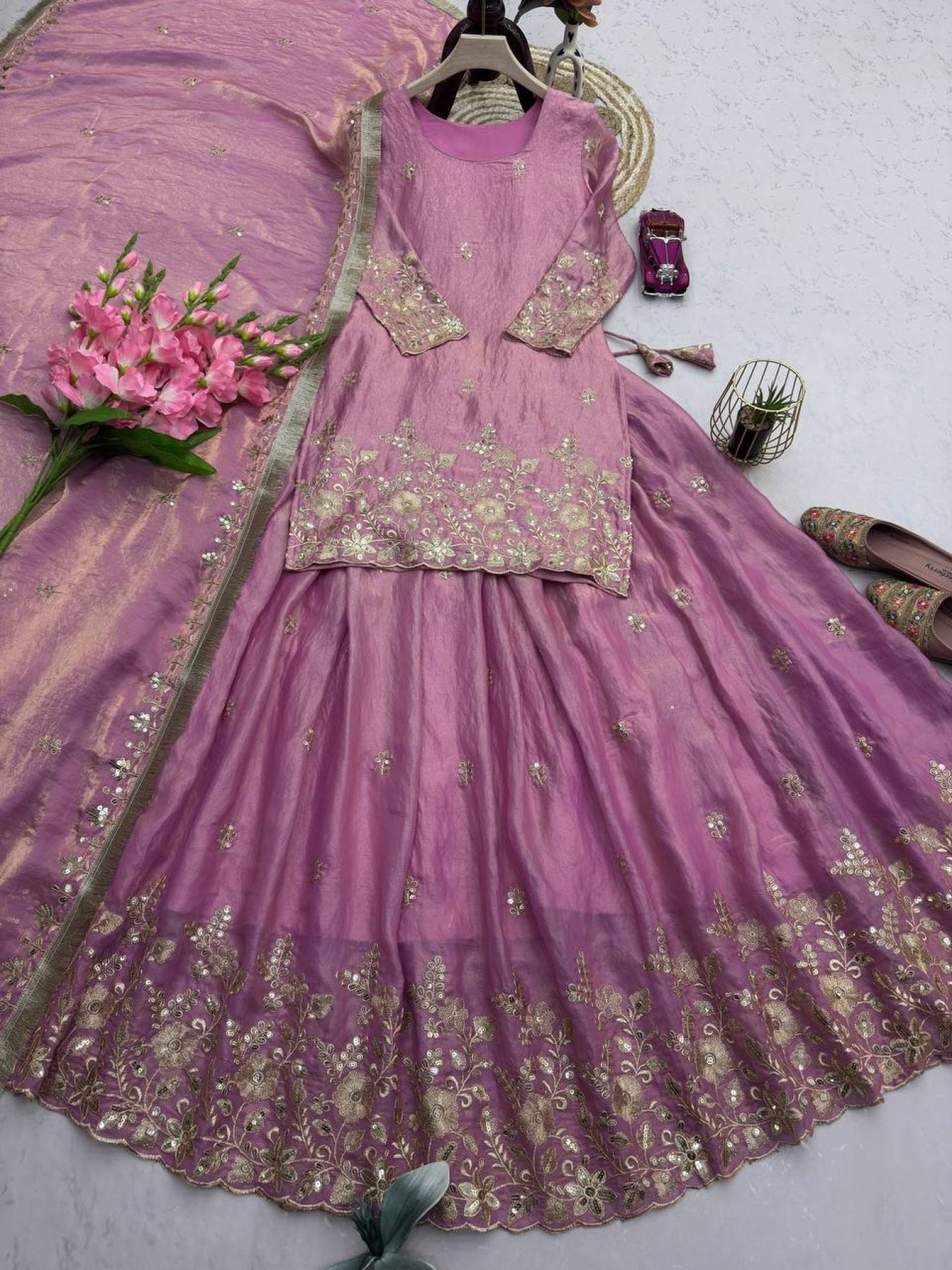 Embroidered Fandy Silk Outfit for Festive Wear Lehenga back view