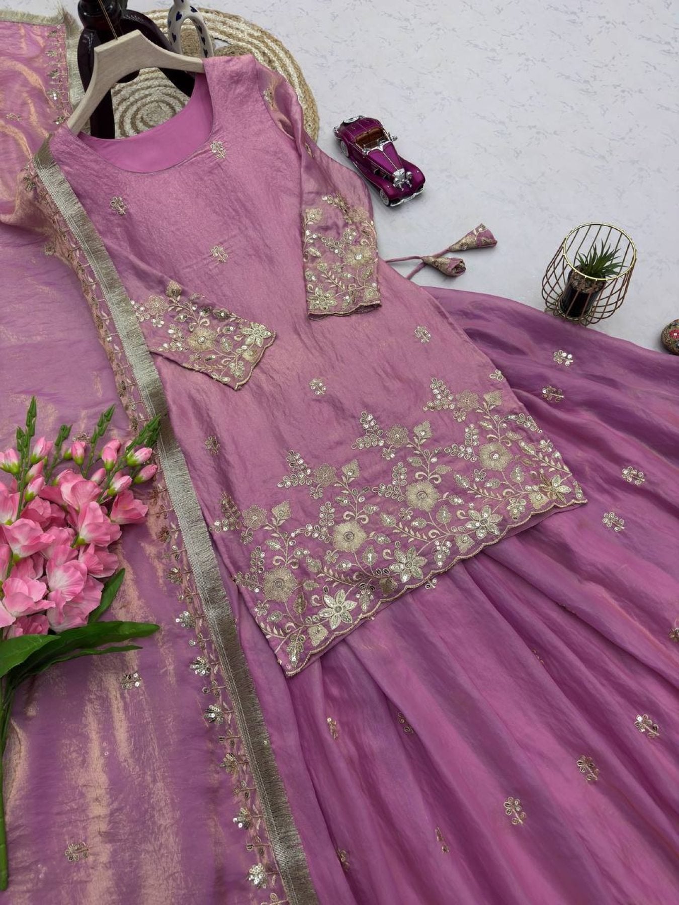 Embroidered Fandy Silk Outfit for Festive Wear Lehenga colour variant view