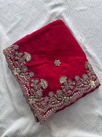 Red Chiffon Saree - Embroidery embroidery work detail