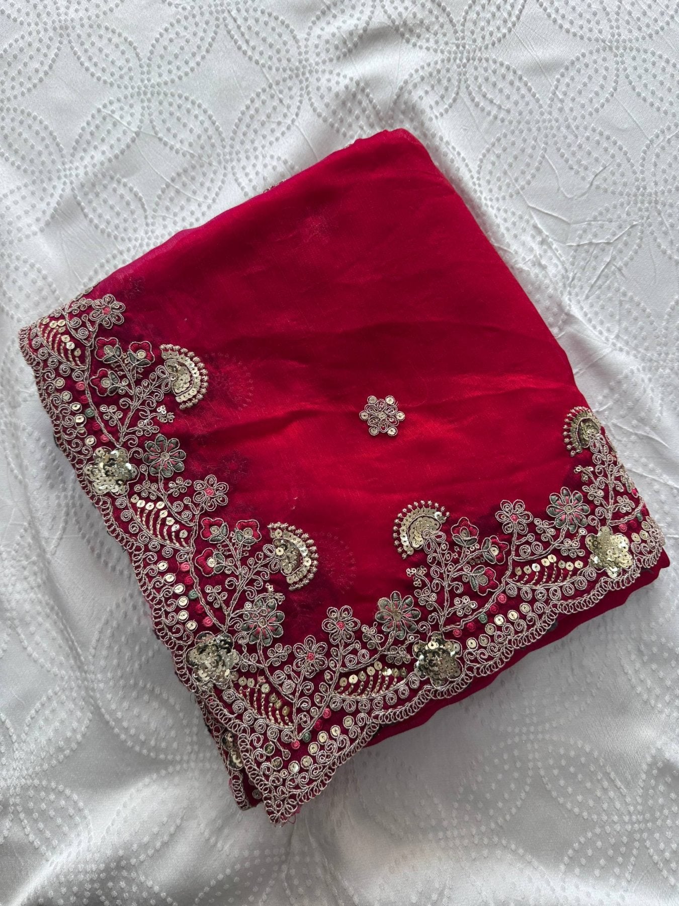 Red Chiffon Saree - Embroidery embroidery work detail