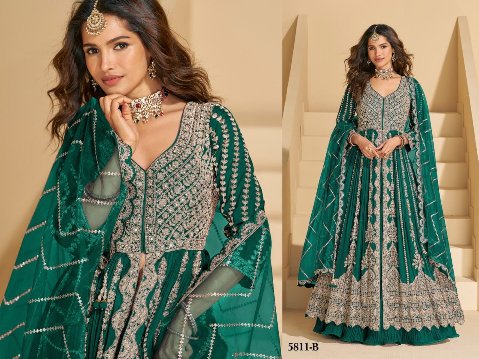 Anarkali Eid Special Lehenga Suit in Heavy Real Chinon with Sequence Embroi full drape view