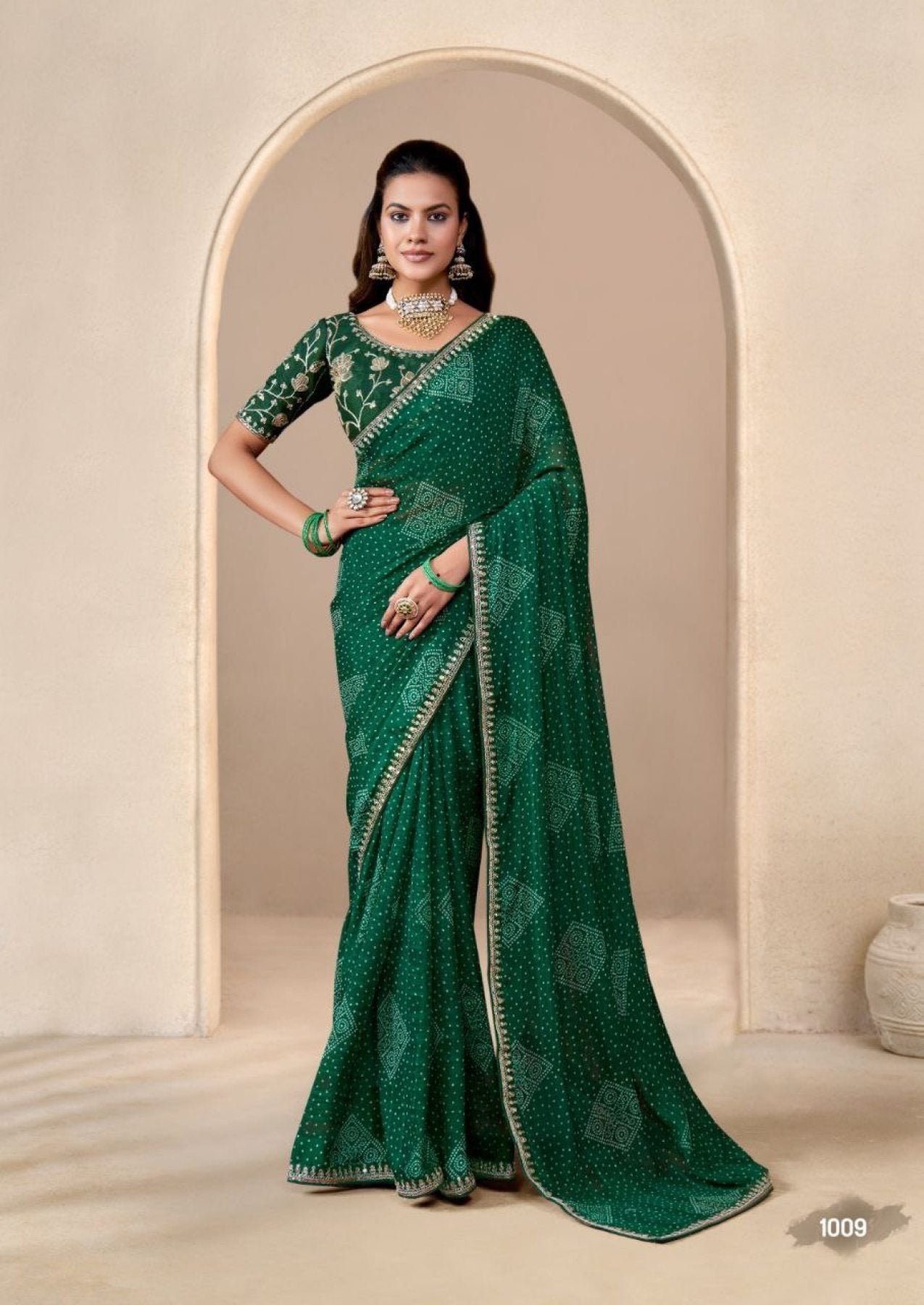 Green Georgette Saree - drape and pallu detail
