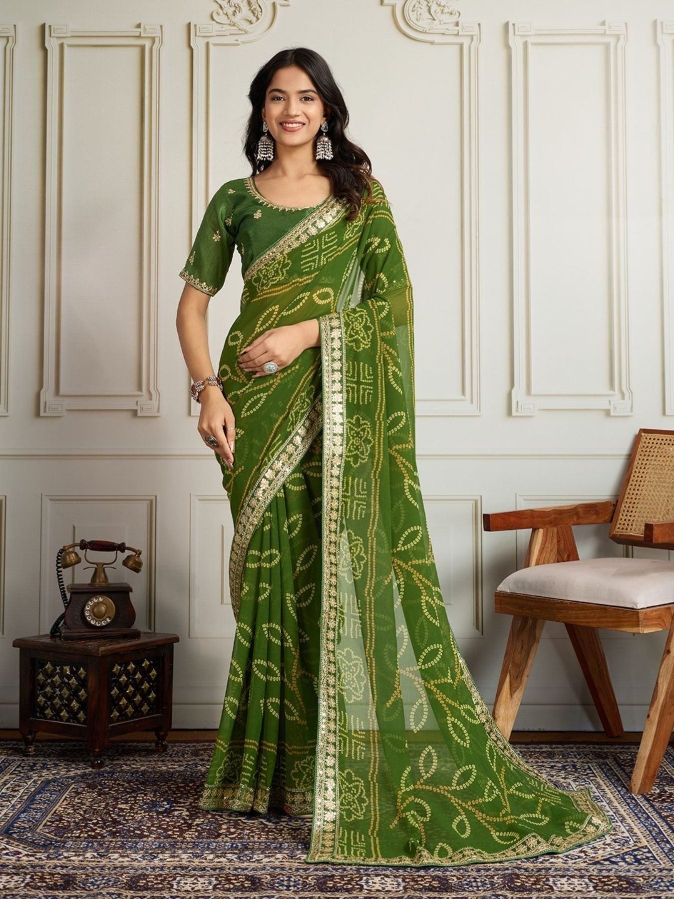 Green Georgette Saree for women - full front view | Snyvia