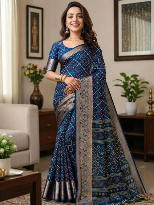Blue Cotton Saree for women - full front view | Snyvia