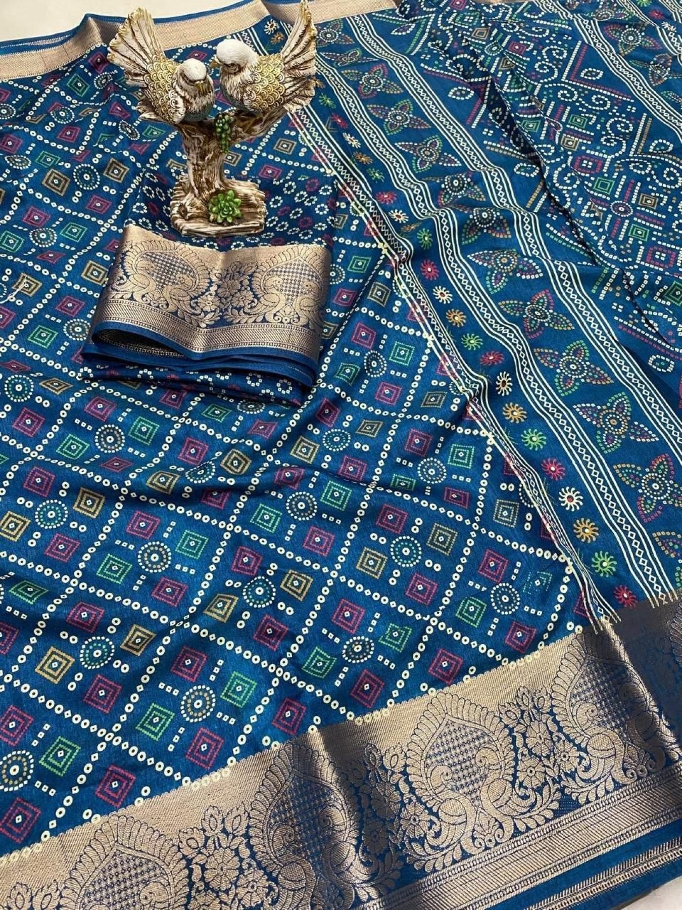 Blue Cotton Saree - side drape view
