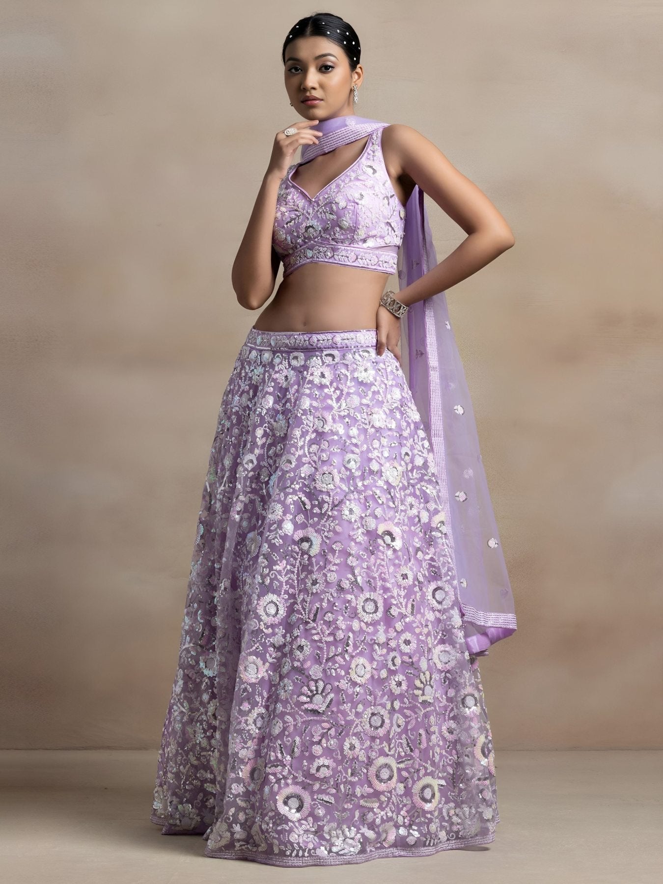 Soft Net Bridal Lehenga blouse and dupatta detail