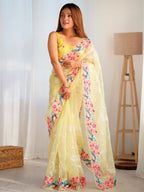 Yellow Organza Saree for women - full front view | Snyvia