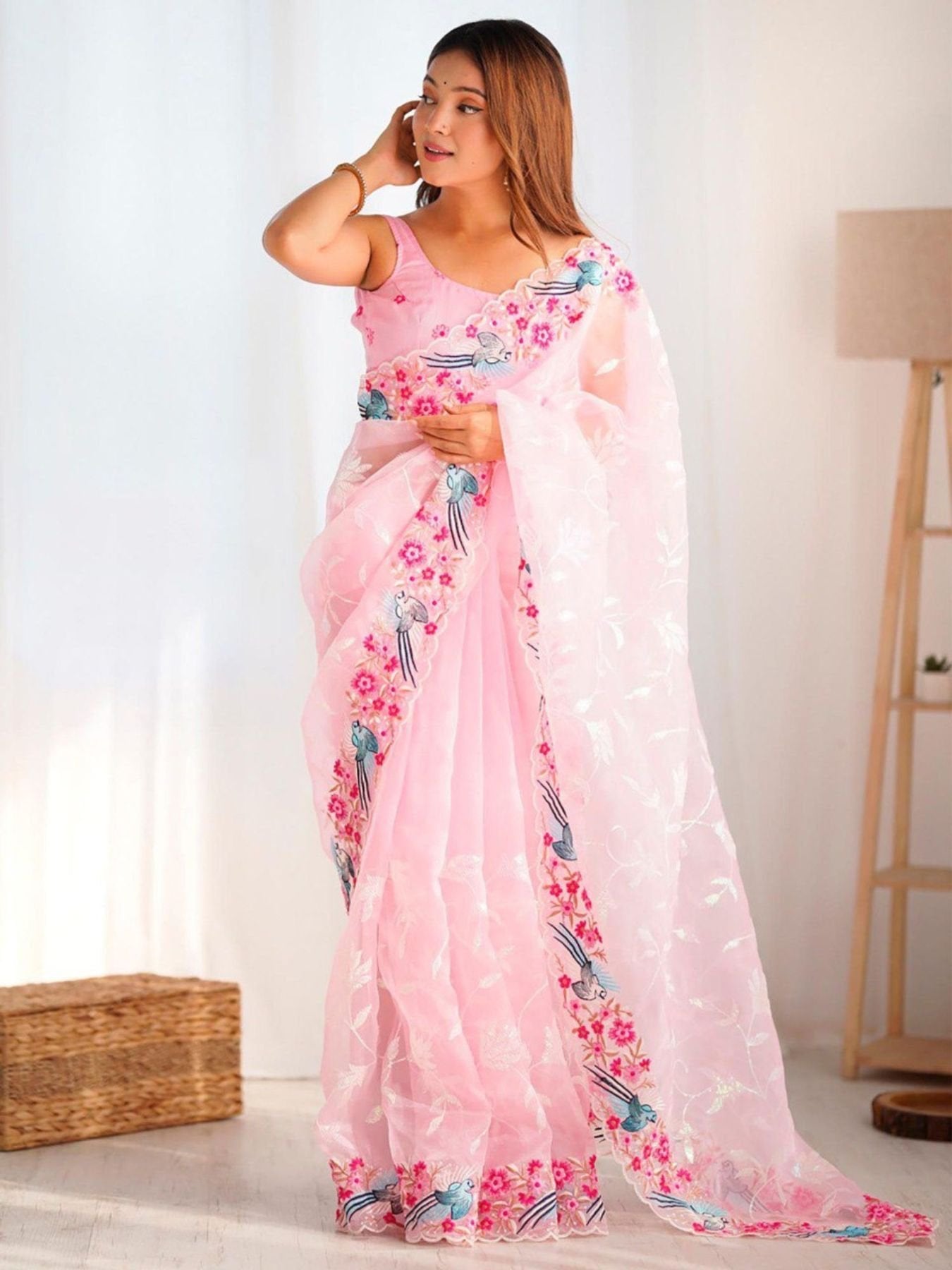Pink Organza Saree for women - full front view | Snyvia