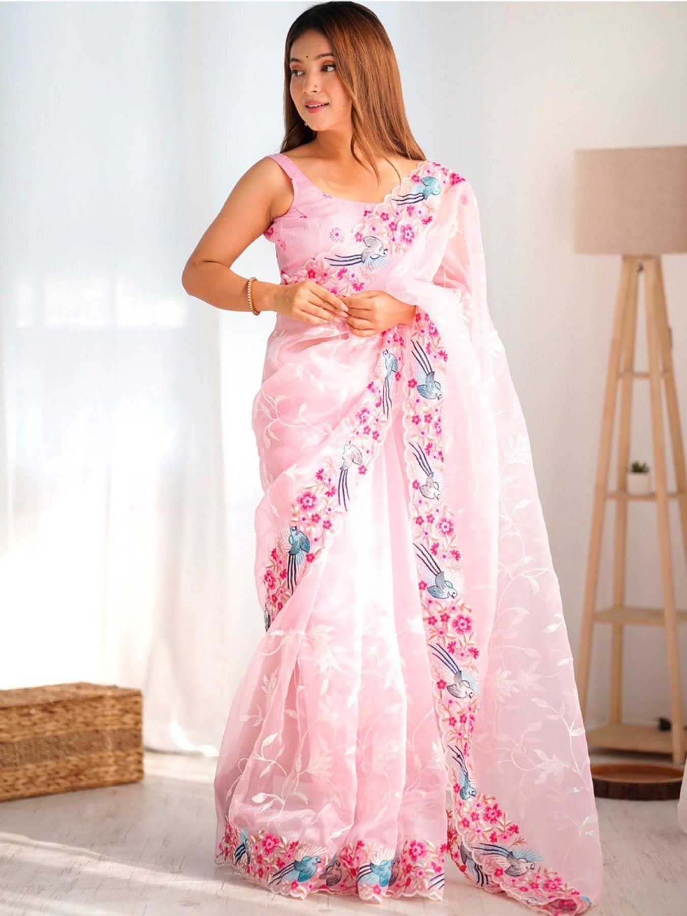 Pink Organza Saree - side drape view