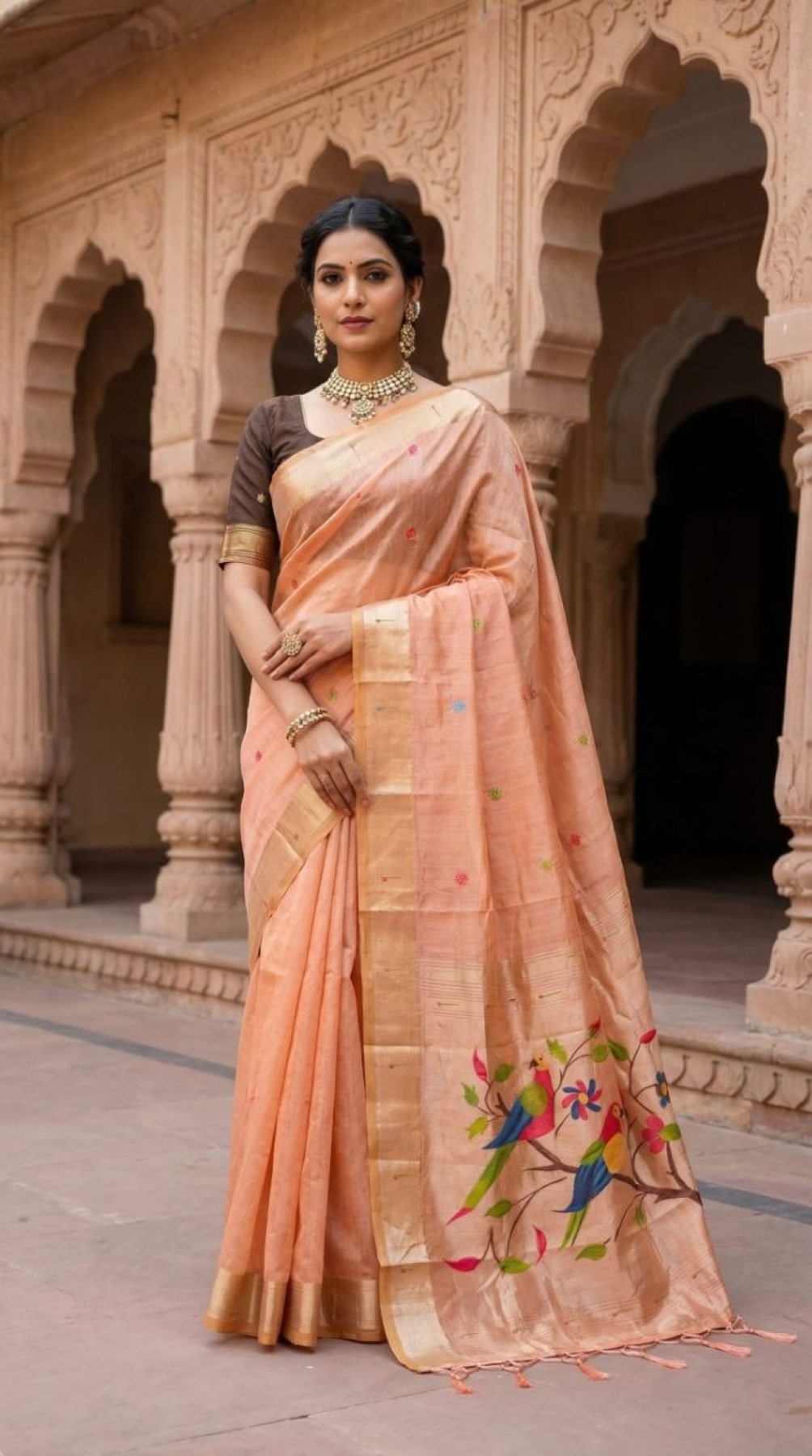 Peach Cotton Saree - drape and pallu detail