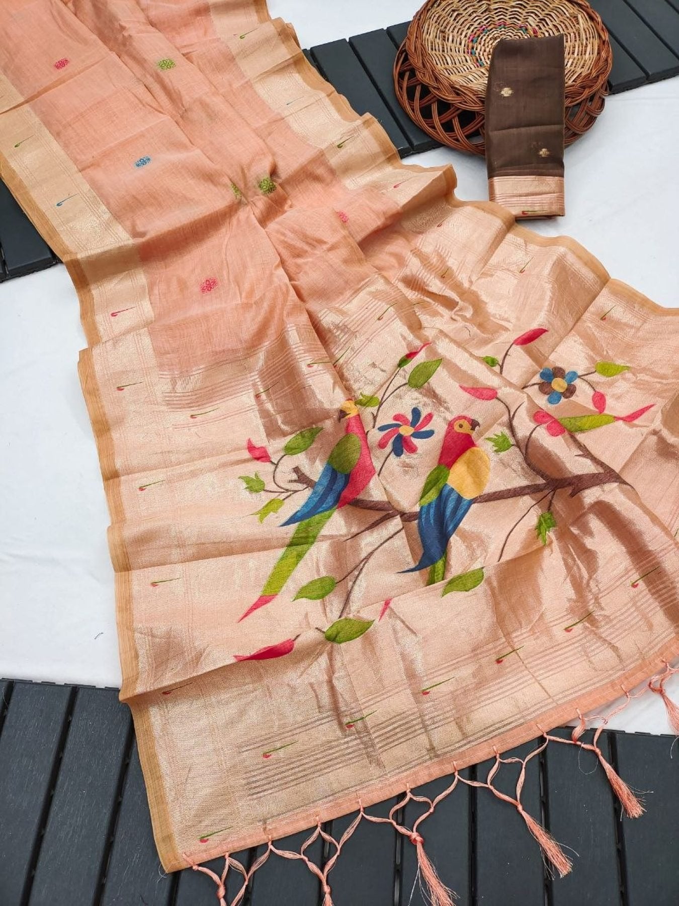 Peach Cotton Saree - side drape view
