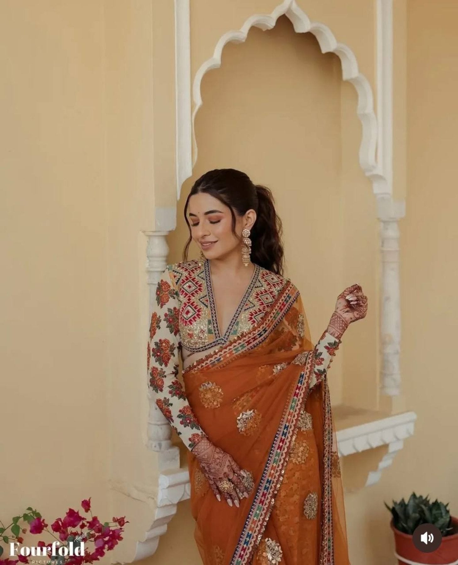 Orange Silk Saree - side drape view