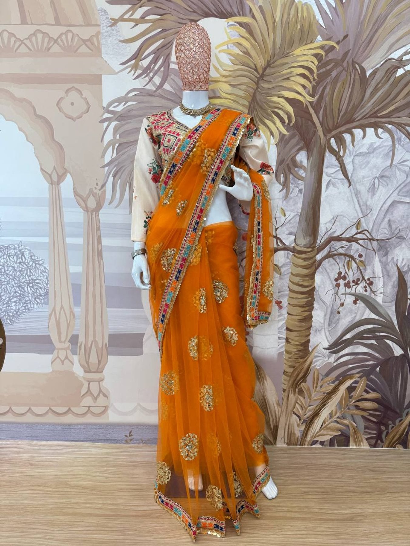 Orange Silk Saree - Embroidery embroidery work detail