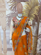 Orange Silk Saree - Embroidery pallu design detail
