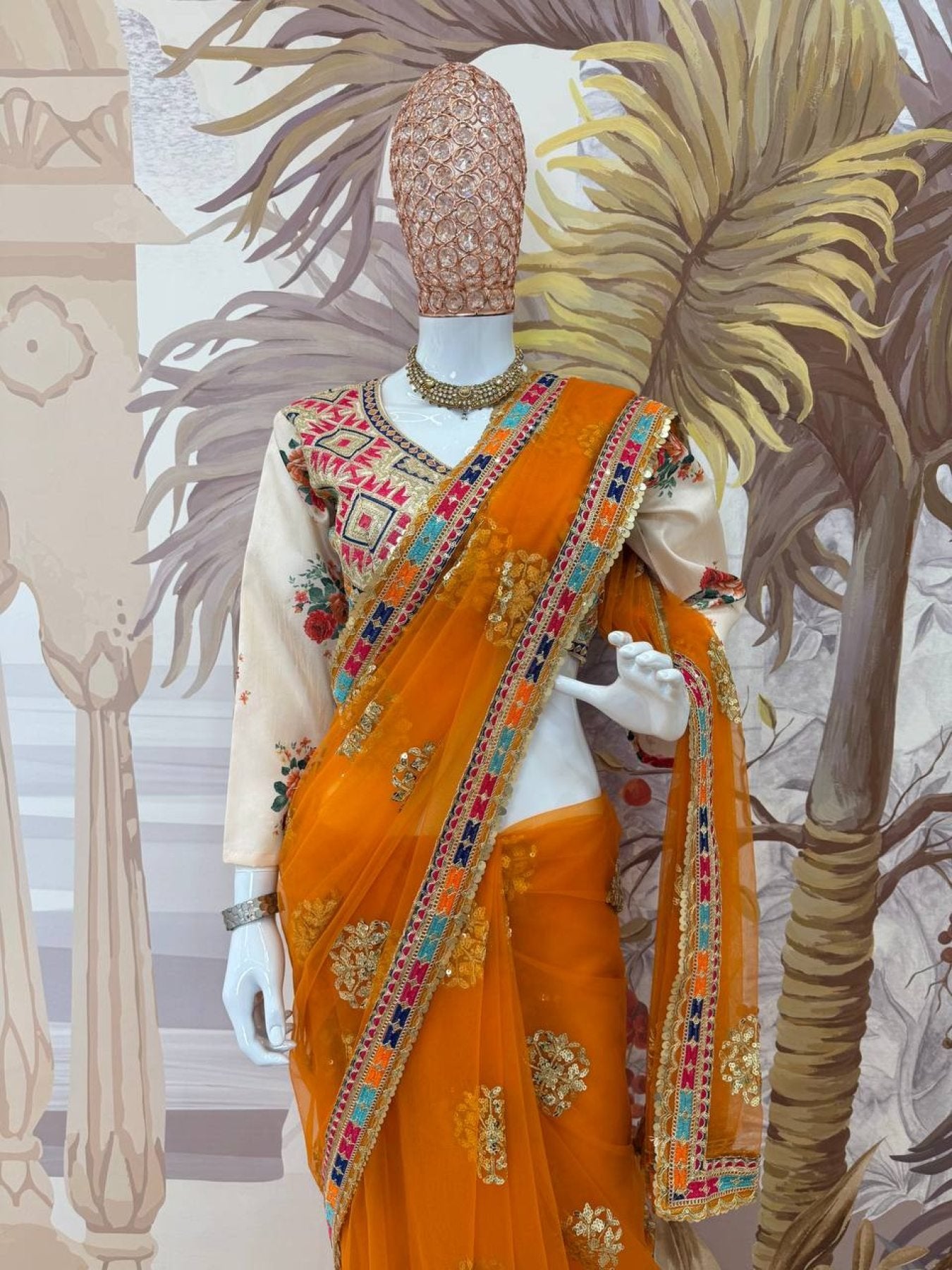 Orange Silk Saree - Embroidery pallu design detail