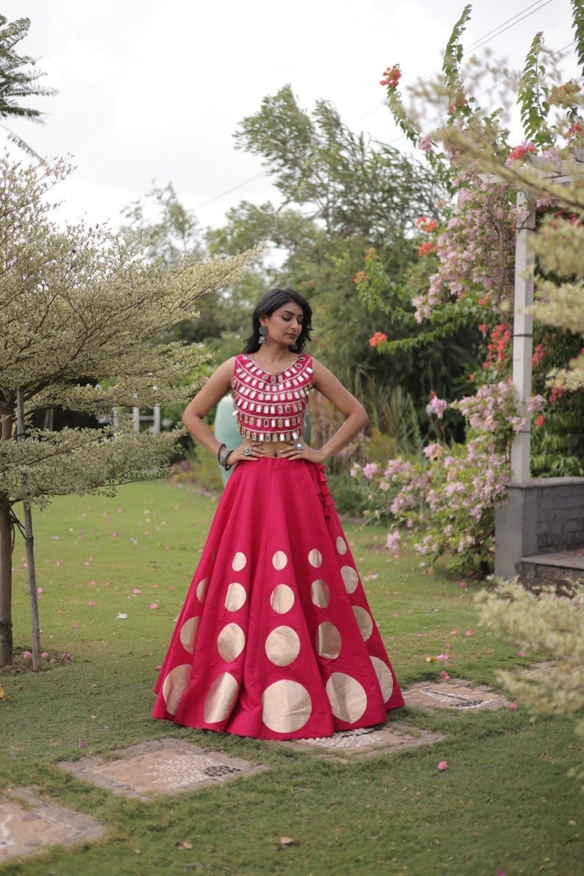 Roman Silk Navratri Lehenga Choli with Mirror Lace Work and 6 Meter Flair full drape view