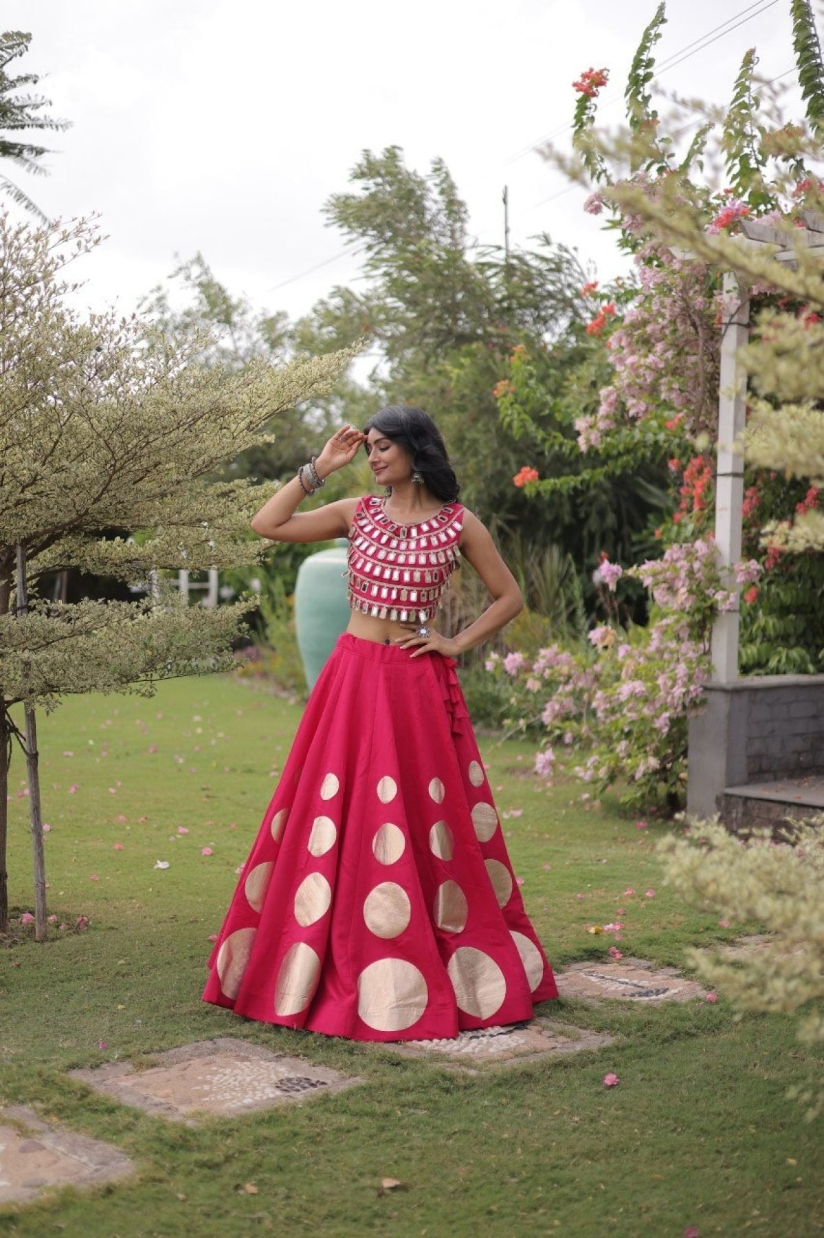 Roman Silk Navratri Lehenga Choli with Mirror Lace Work and 6 Meter Flair blouse and dupatta detail