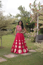 Roman Silk Navratri Lehenga Choli with Mirror Lace Work and 6 Meter Flair embroidery close-up