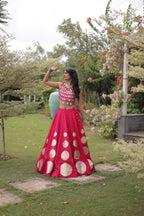 Roman Silk Navratri Lehenga Choli with Mirror Lace Work and 6 Meter Flair fabric texture detail