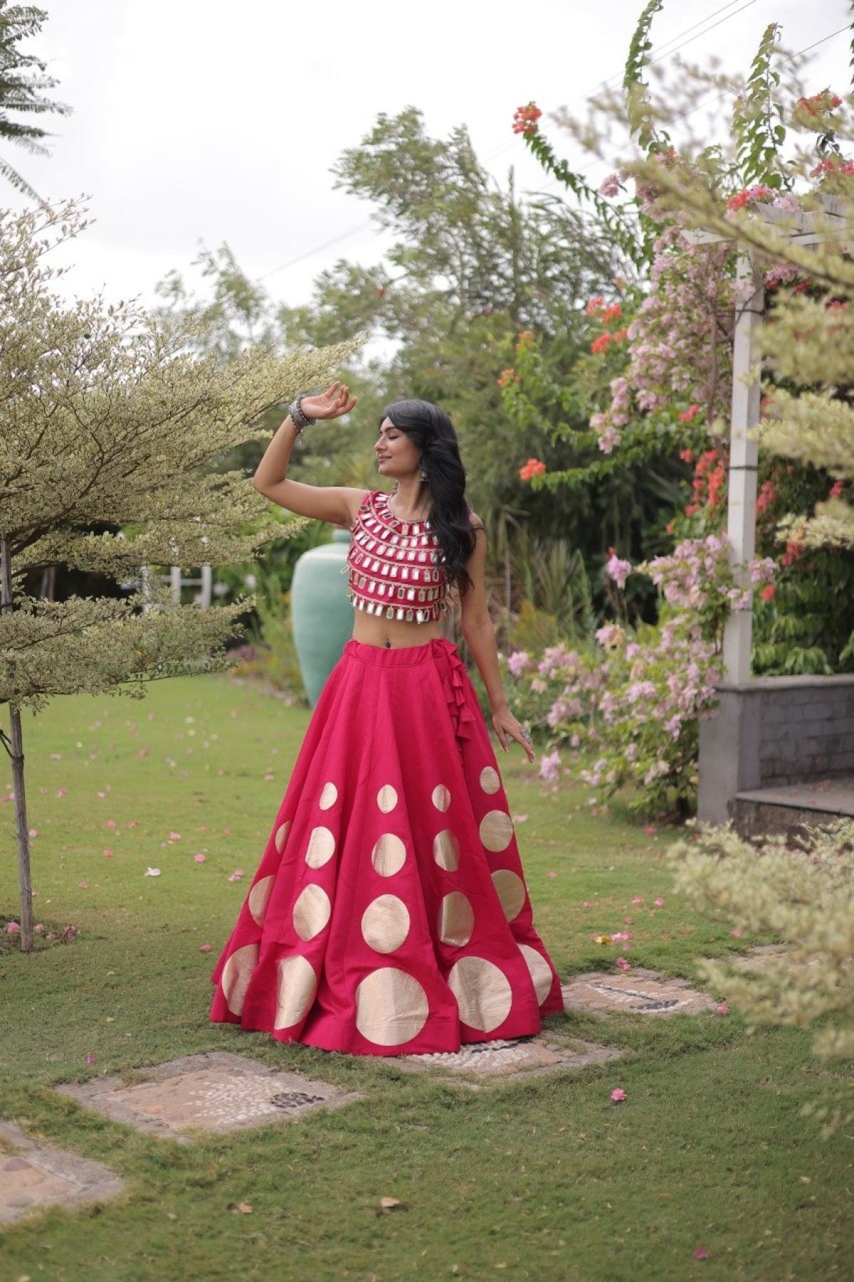 Roman Silk Navratri Lehenga Choli with Mirror Lace Work and 6 Meter Flair fabric texture detail