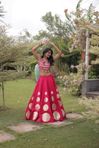 Roman Silk Navratri Lehenga Choli with Mirror Lace Work and 6 Meter Flair back view