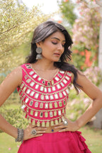 Roman Silk Navratri Lehenga Choli with Mirror Lace Work and 6 Meter Flair front view