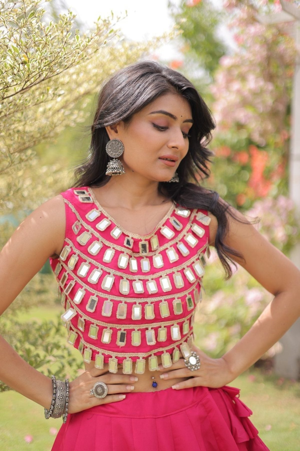 Roman Silk Navratri Lehenga Choli with Mirror Lace Work and 6 Meter Flair front view