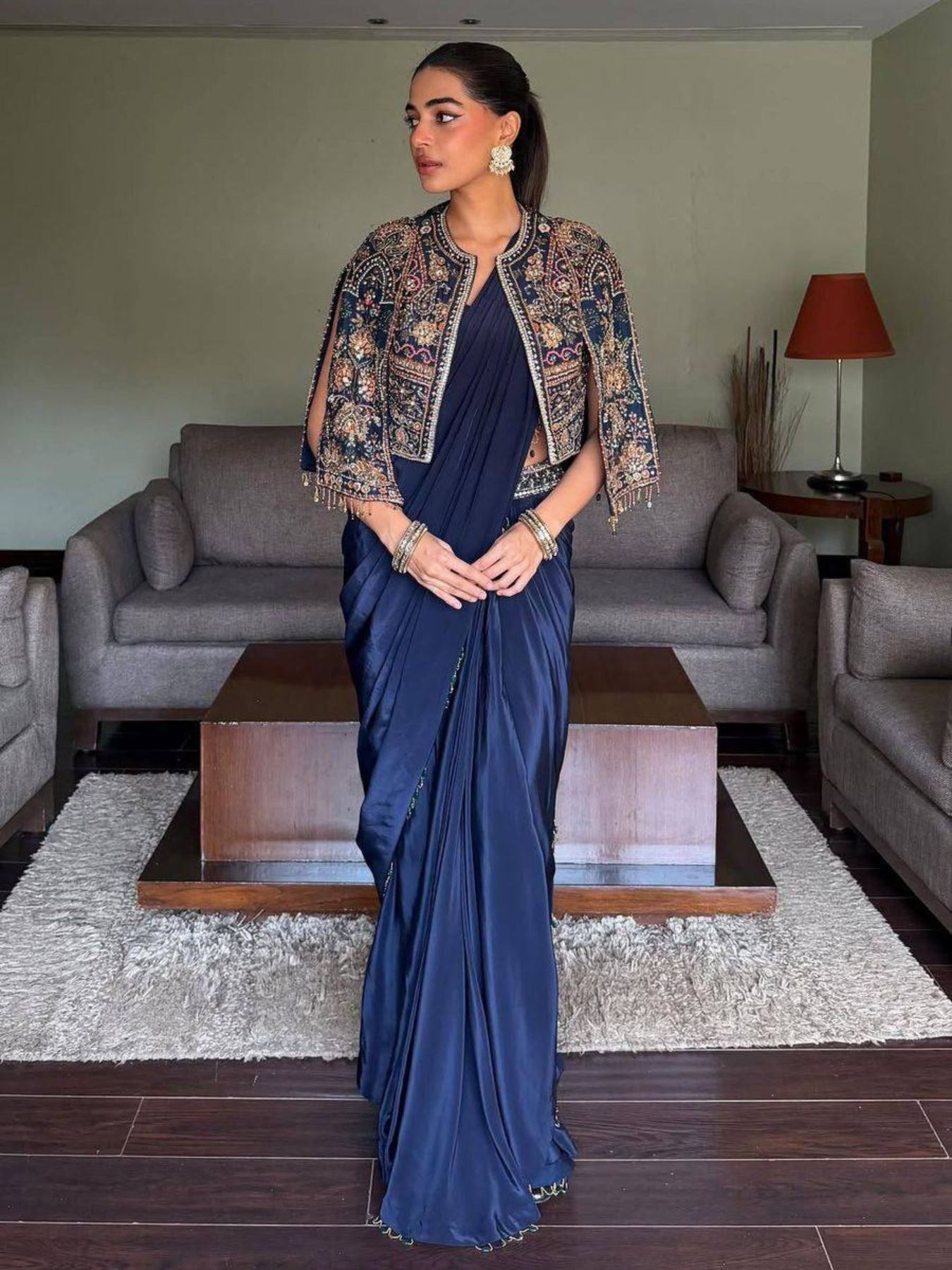 Navy Blue Lycra Drape Saree with Embroidered Silk Jacket Lehenga for women | Snyvia