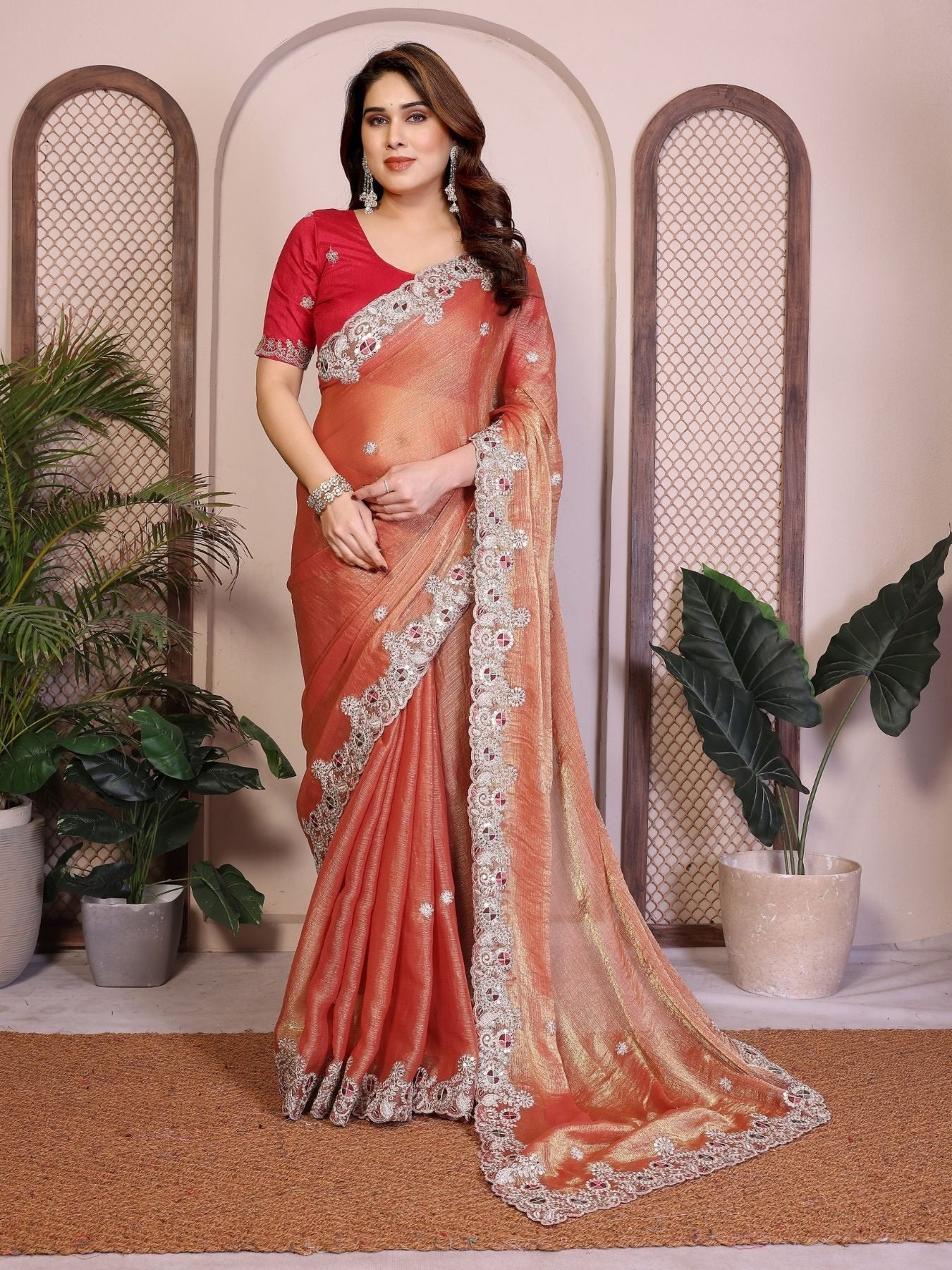 Orange Chiffon Saree for women - full front view | Snyvia