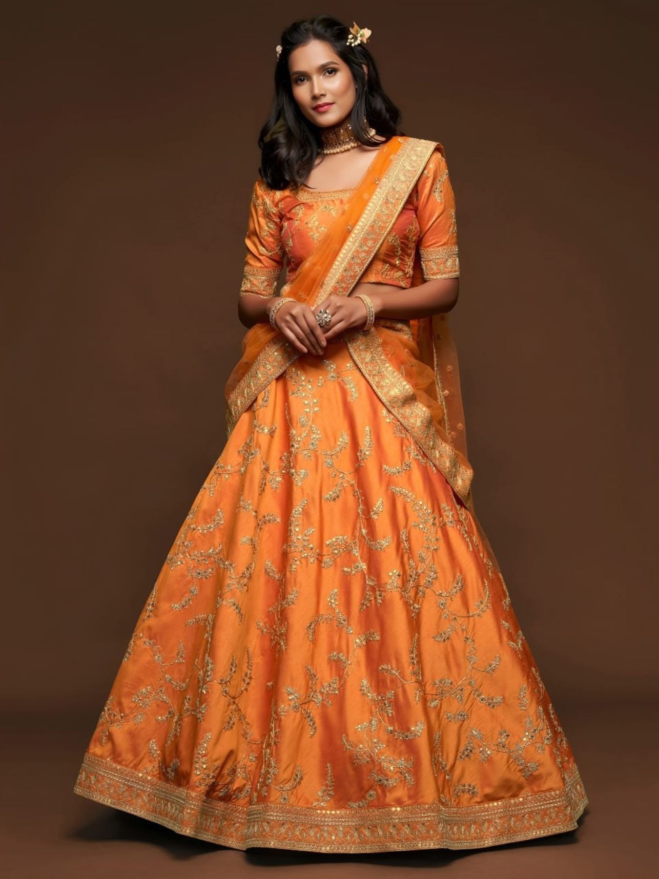 Navy Blue Art Silk Lehenga Choli Set with Heavy Zari and Sequins Work styling view