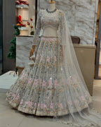 White Mirror Embroidered Lehenga Set with 4 Meter Flair full drape view