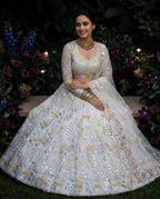 White Mirror Embroidered Lehenga Set with 4 Meter Flair blouse and dupatta detail