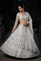 White Mirror Embroidered Lehenga Set with 4 Meter Flair embroidery close-up