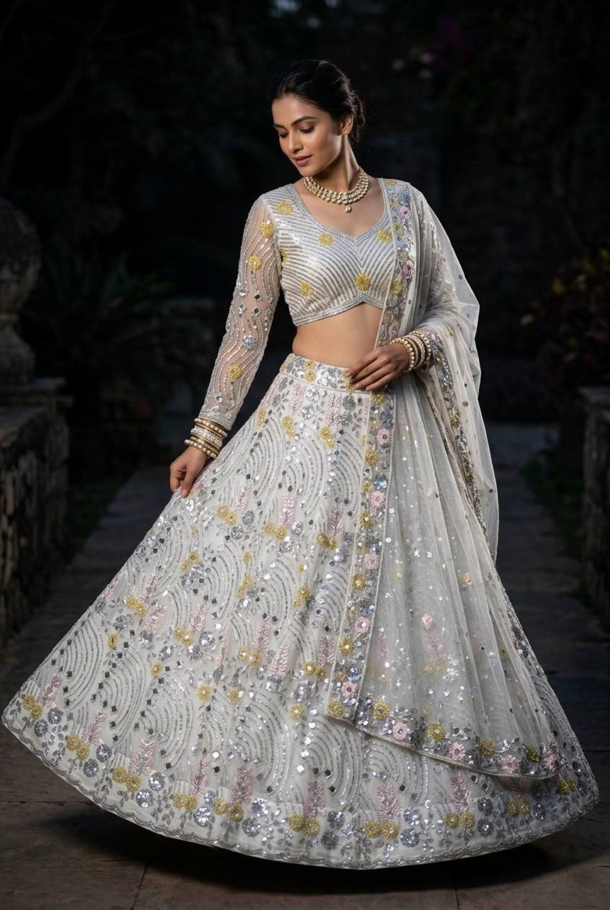 White Mirror Embroidered Lehenga Set with 4 Meter Flair embroidery close-up
