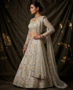 White Mirror Embroidered Lehenga Set with 4 Meter Flair fabric texture detail