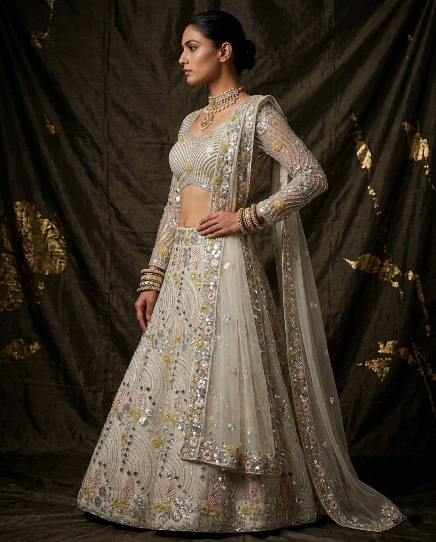 White Mirror Embroidered Lehenga Set with 4 Meter Flair fabric texture detail