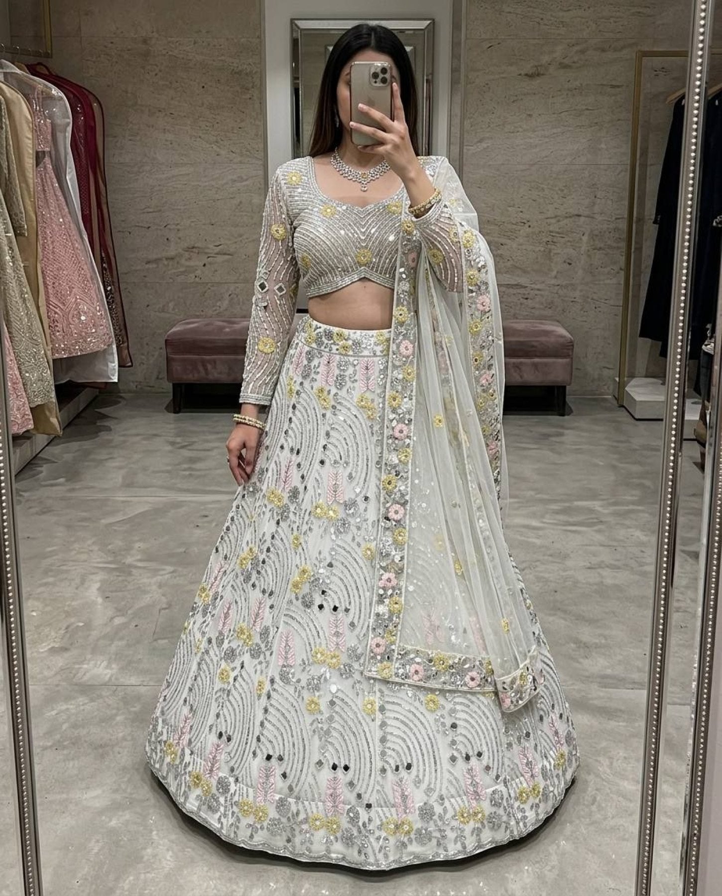 White Mirror Embroidered Lehenga Set with 4 Meter Flair back view