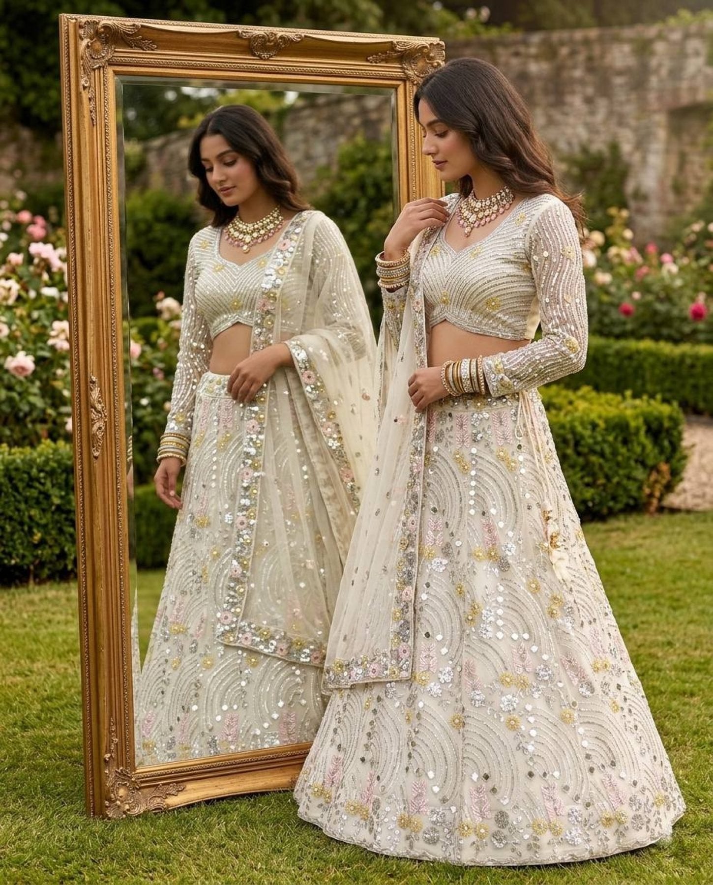 White Mirror Embroidered Lehenga Set with 4 Meter Flair styling view
