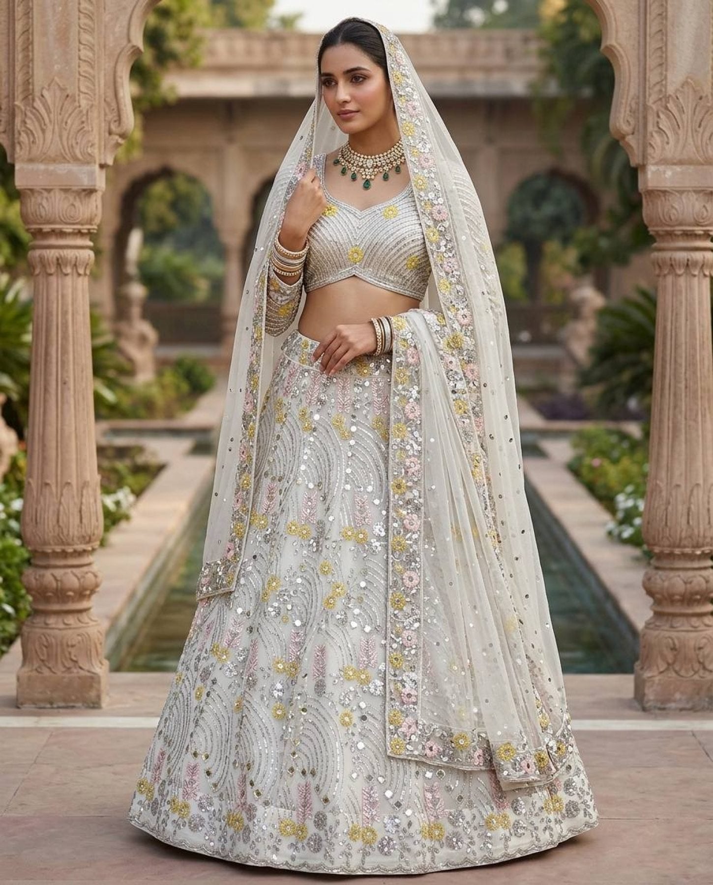 White Mirror Embroidered Lehenga Set with 4 Meter Flair colour variant view