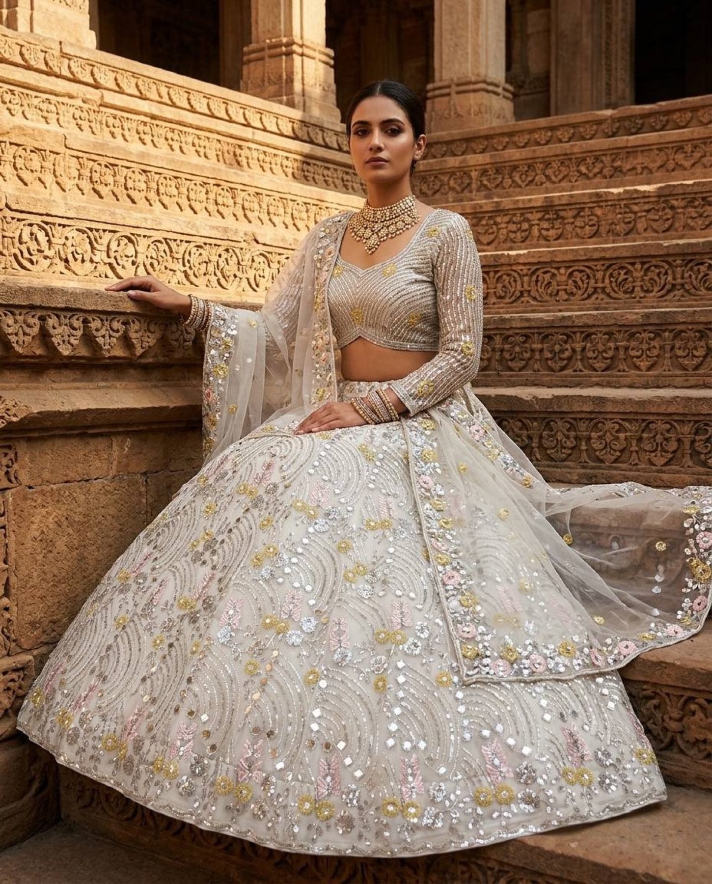 White Mirror Embroidered Lehenga Set with 4 Meter Flair front view