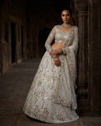 White Mirror Embroidered Lehenga Set with 4 Meter Flair full drape view