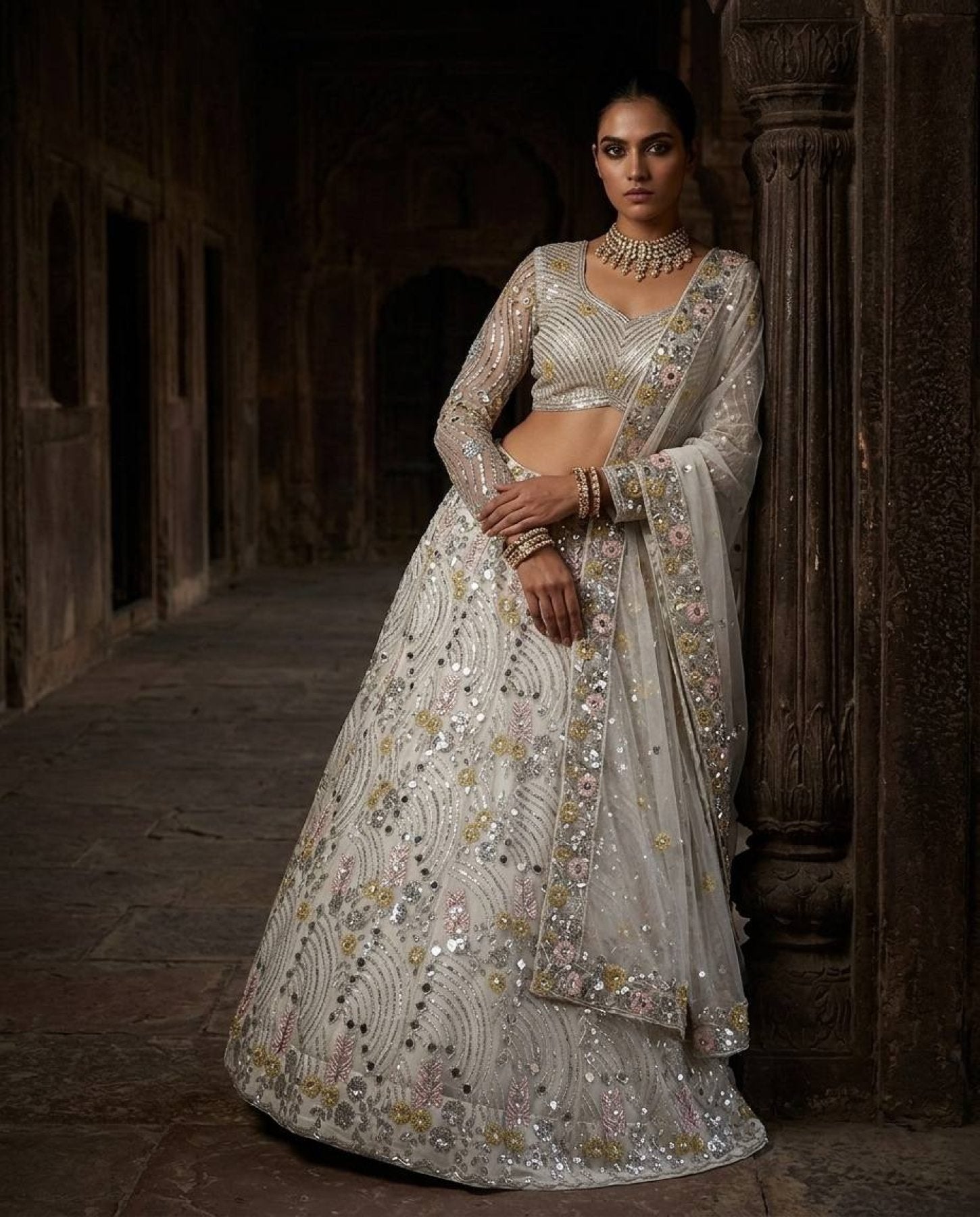 White Mirror Embroidered Lehenga Set with 4 Meter Flair full drape view