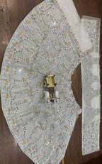 White Mirror Embroidered Lehenga Set with 4 Meter Flair blouse and dupatta detail