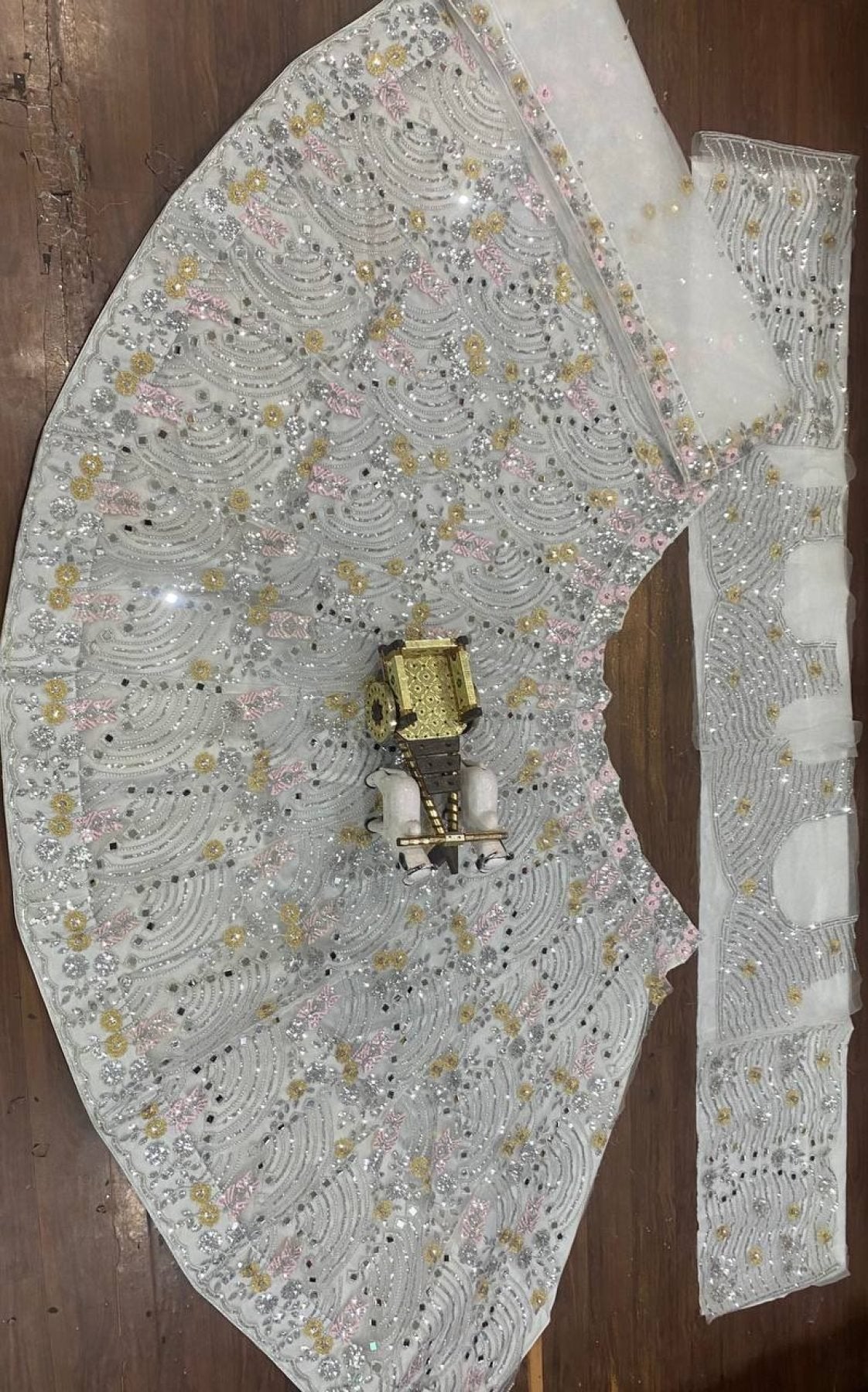 White Mirror Embroidered Lehenga Set with 4 Meter Flair blouse and dupatta detail