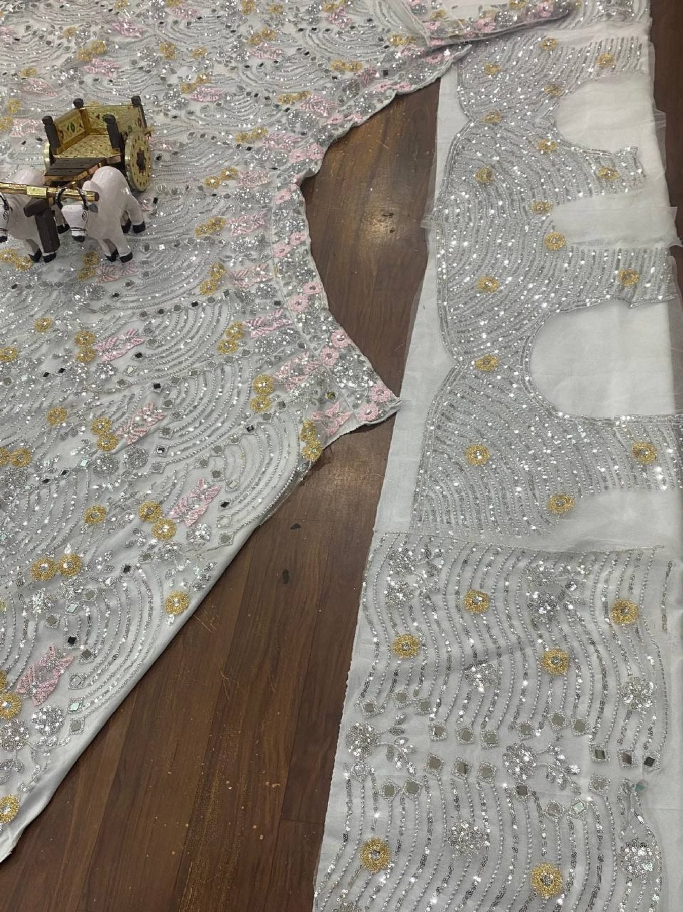 White Mirror Embroidered Lehenga Set with 4 Meter Flair embroidery close-up