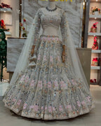 White Mirror Embroidered Lehenga Set with 4 Meter Flair blouse and dupatta detail