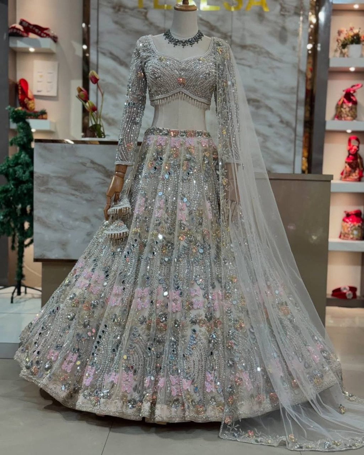 White Mirror Embroidered Lehenga Set with 4 Meter Flair embroidery close-up