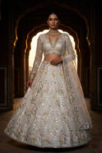 White Mirror Embroidered Lehenga Set with 4 Meter Flair front view
