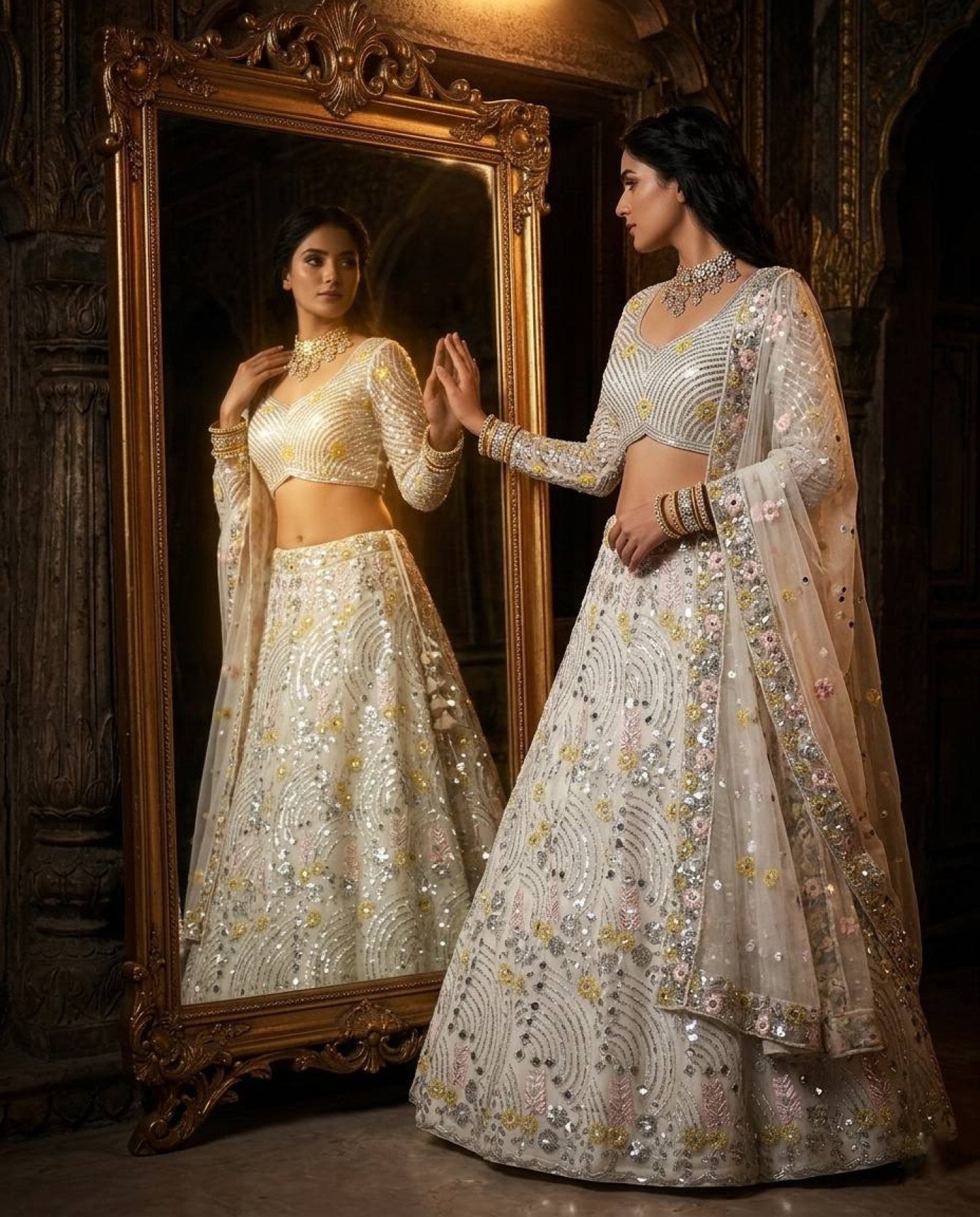 White Mirror Embroidered Lehenga Set with 4 Meter Flair full drape view